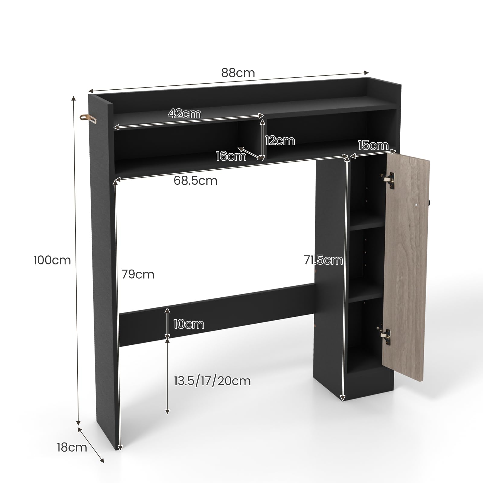 LIFEZEAL Estantería sobre Inodoro para Baño, Mueble de Almacenamiento con una Puerta Encima Inodoro, Armario con Estantes y Barra Ajustables, Organizador de Baño, Ahorro de Espacio (Negro)