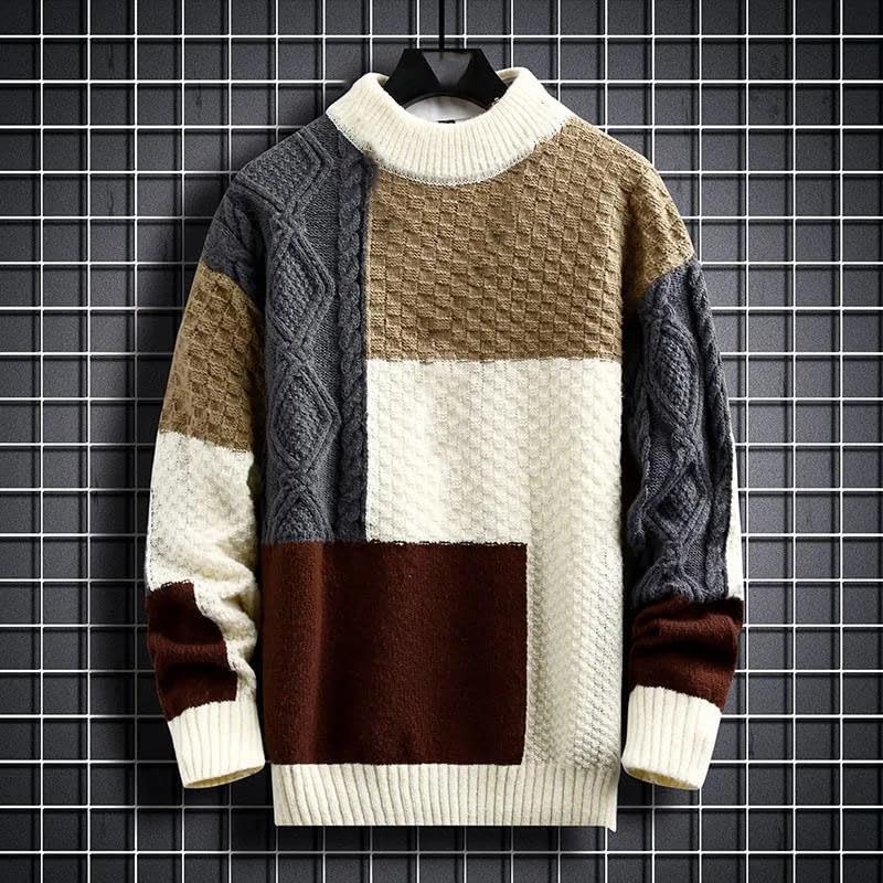 Men Warm Knitted Sweaters Patchwork O-Neck Casual Pullover Top2