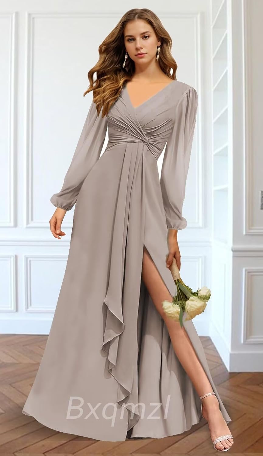 Chiffon Bridesmaid Dresses V Neck Prom Dress Long 2025 Pleated A Line Evening Party Gowns with Slit
