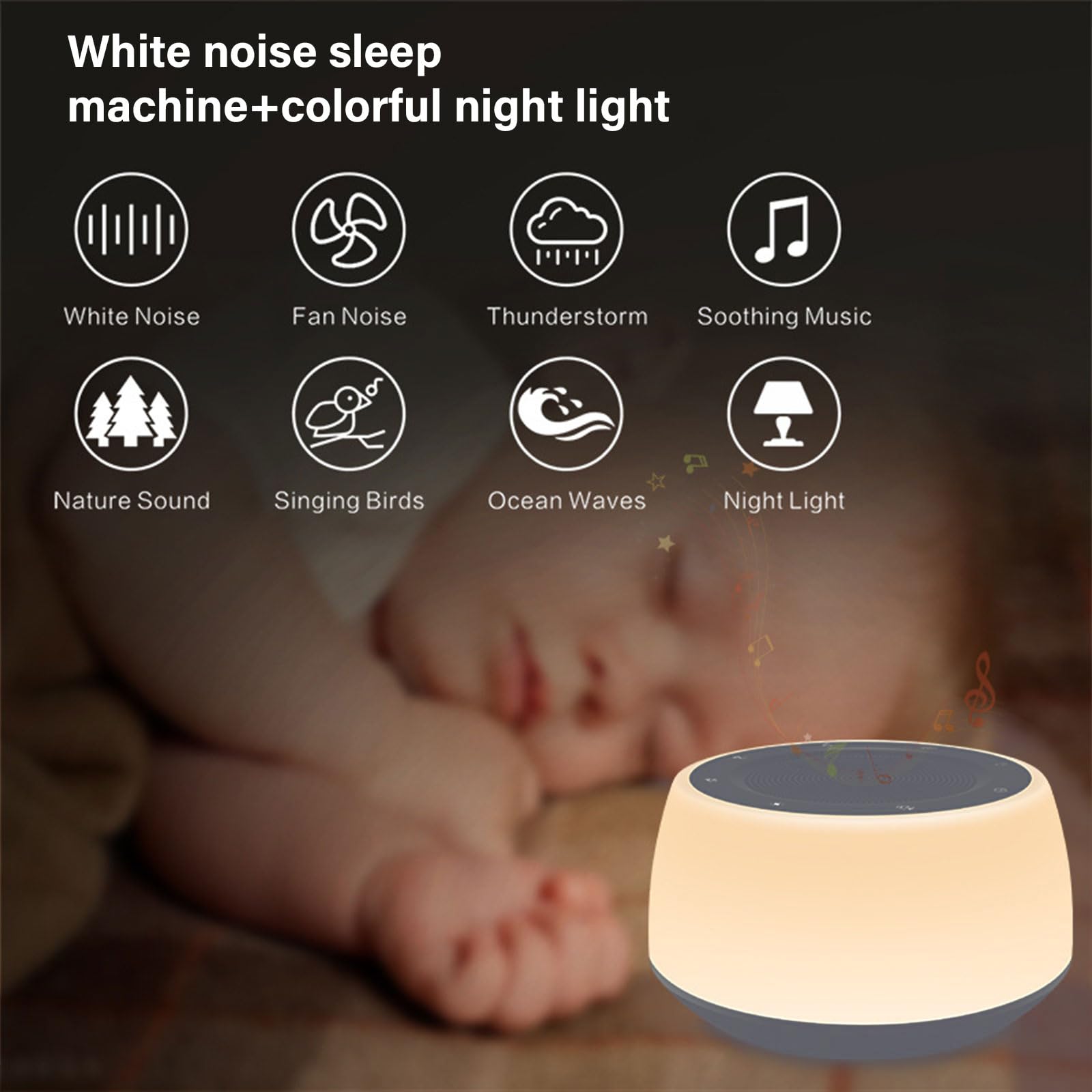 Máquina portátil de escritorio con sonido de ruido blanco para sonidos relajantes del bebé, temporizador de 15/30/60/90/120 minutos, iluminación de habitación de niños