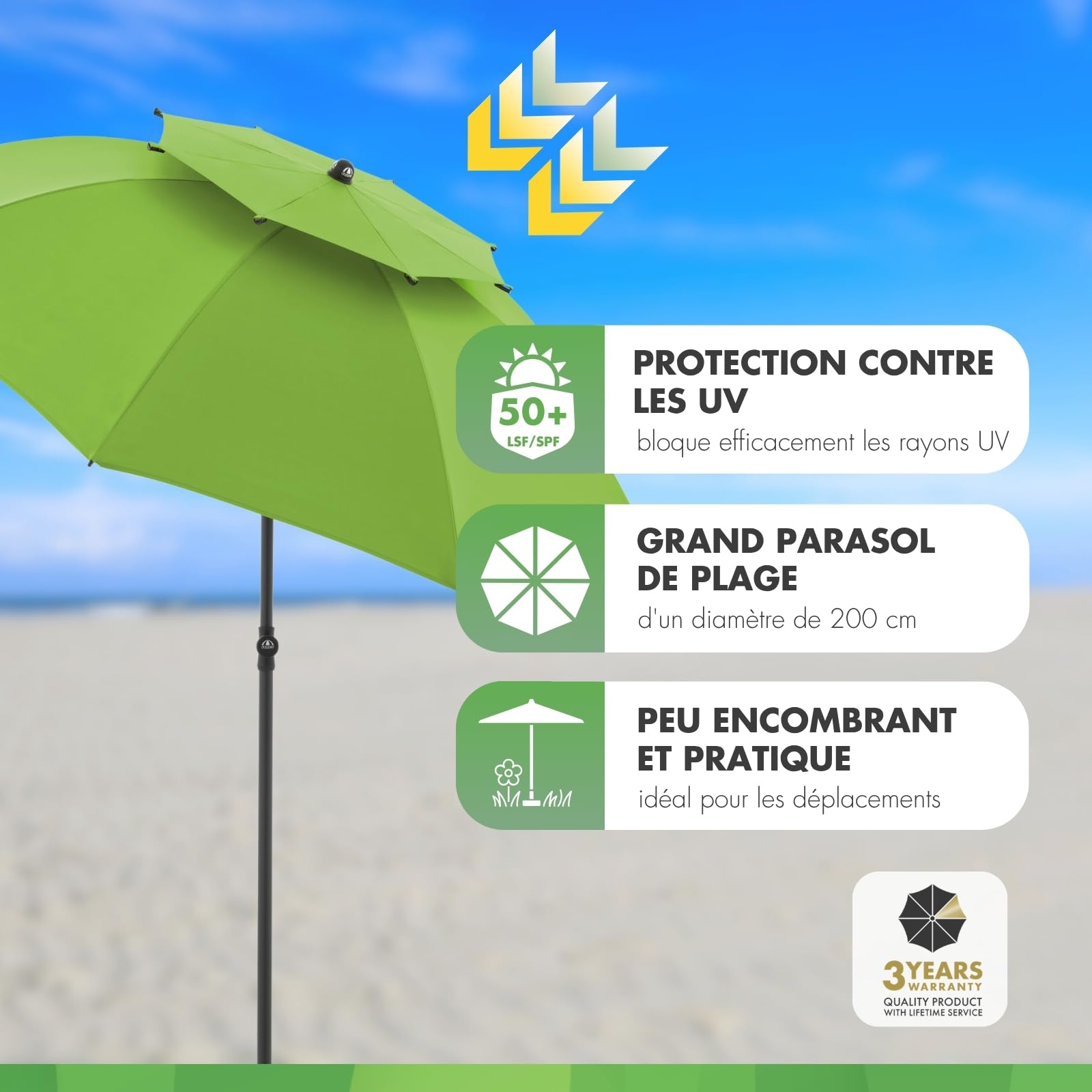 derby Parasol 200 cm I Parasol pour plage, balcon et terrasse I Parasol réglable en hauteur I Avec protection UV I Parasol pliable I Pour plage et piscine extérieure I Parasol de plage