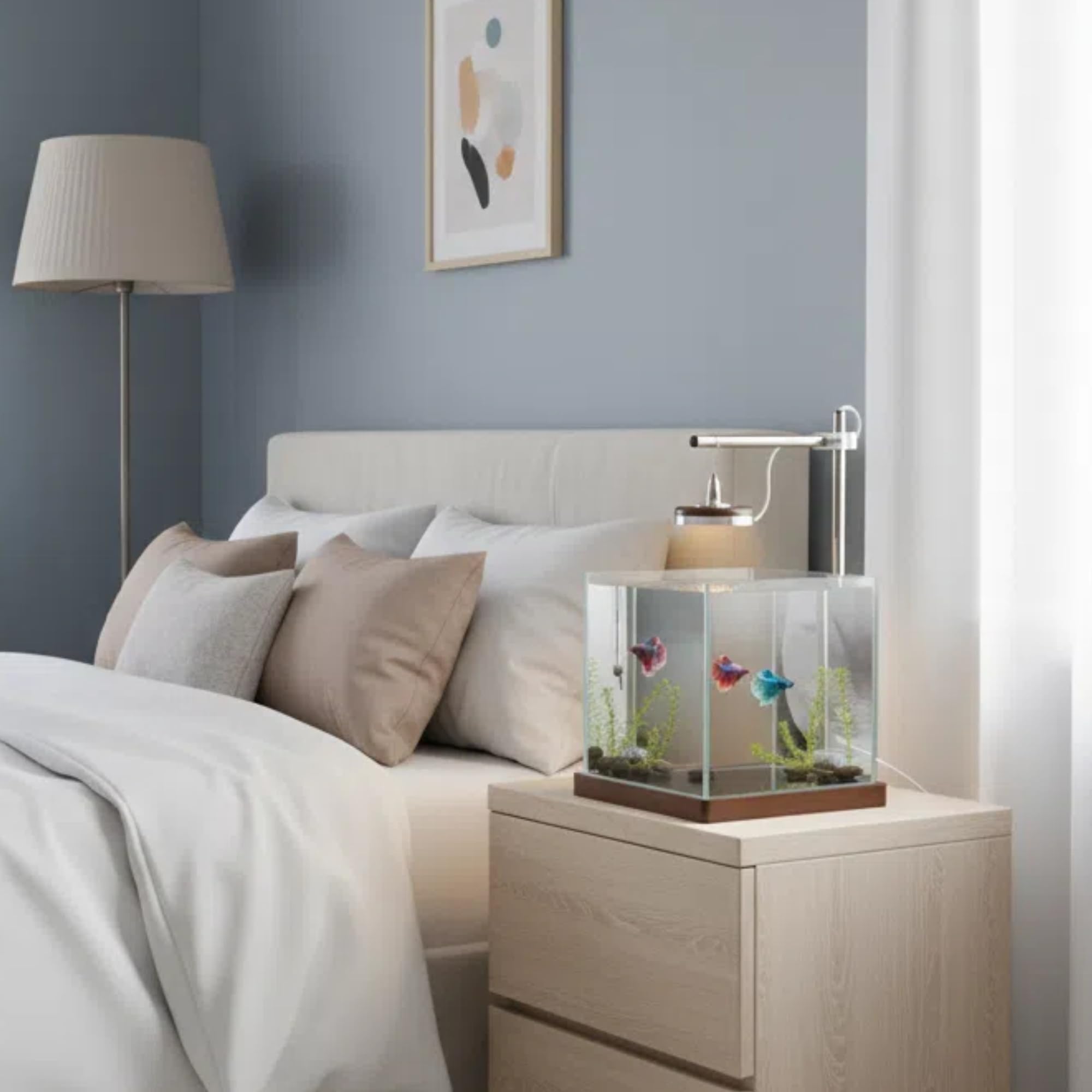 Petit aquarium Betta avec lumière LED et support en bois – Kit de démarrage pour aquarium Betta de 20,3 cm – Comprend un outil de nettoyage, un chiffon et un tapis pour bureau, chambre à coucher
