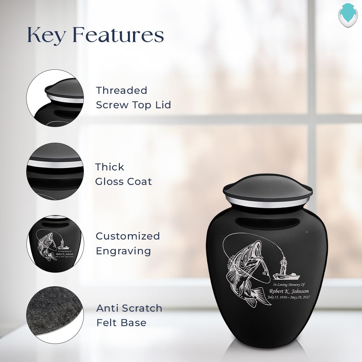 Geturns Embrace Small Personalized Fishing Cremation Urns for Human Ashes I Black Funeral Urn for Men and Women I 44 lbs