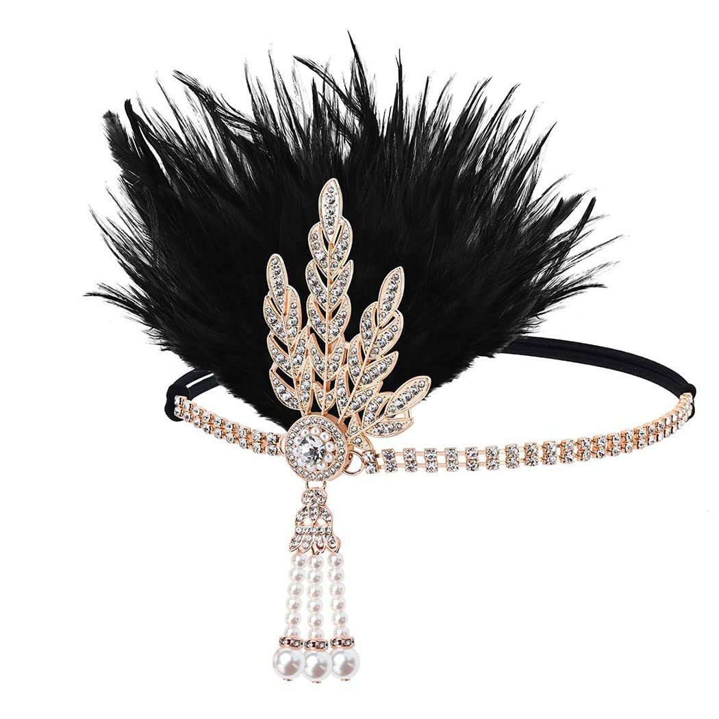 GORTIN1920's Flapper Feather Headband Art Deco Gatsby Headpiece Inspired Leaf Medallion Pearl Headband