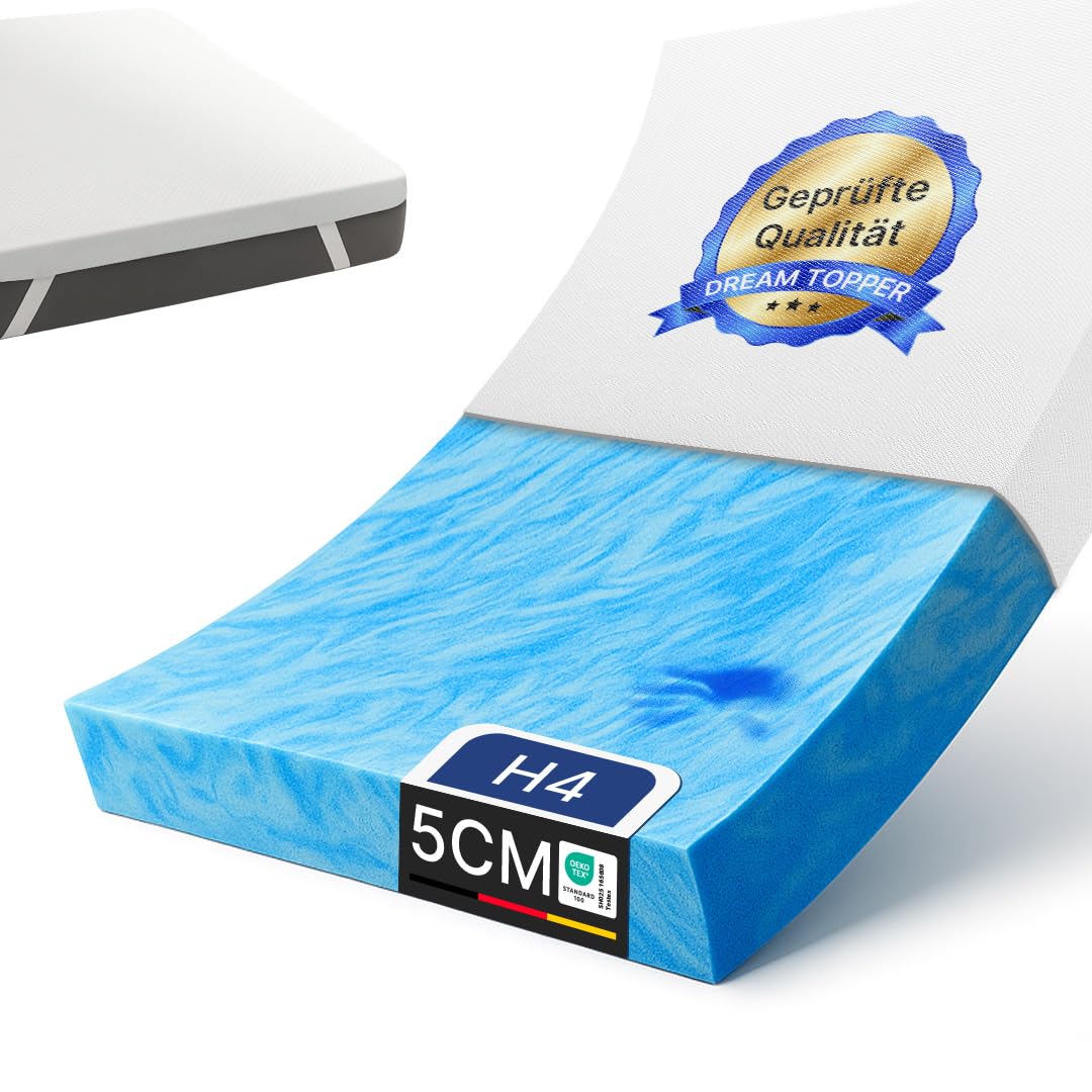 MKS Topper 100x200, 5cm Topper de Espuma de Gel viscoelástico con Espuma de Gel, cubrecolchón H3/H4 para un Alivio óptimo de la presión, un Clima Agradable para Dormir y un Confort reparador.