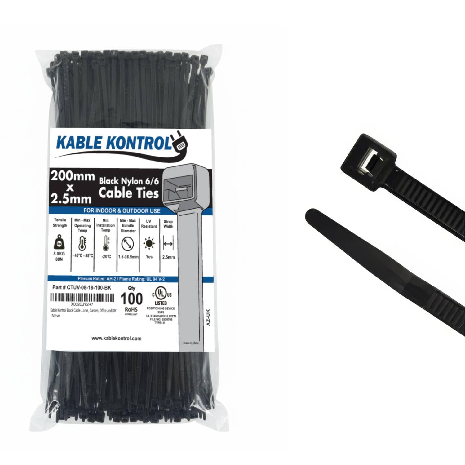 Kable Kontrol Black Cable Ties, 200 mm x 2.5 mm, Pack of 100, 8" Premium Nylon Zip Ties, Multi-Purpose Plastic Tie Wraps, Secure Self-Locking Mechanism, for Home, Garden, Office and DIY — image 1