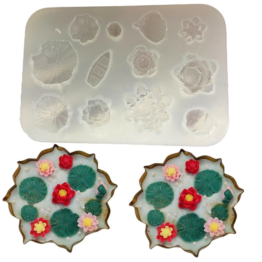 KROKIO® - Lotus Pond Mould Silicone for Candle Making Molds 12 Cavity Flower Moulds Resin Art Craft Mini Boat Fondant Clay Topping Mini Flowers Mold (ASM67-180)