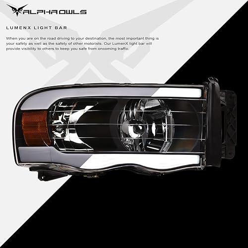 Miniatura 4 de Alpha Owls 8710180 - Faros delanteros para proyector con barra LED secuencial Switchback y luz de arranque, ámbar negro para Dodge Ram 15002003-2005