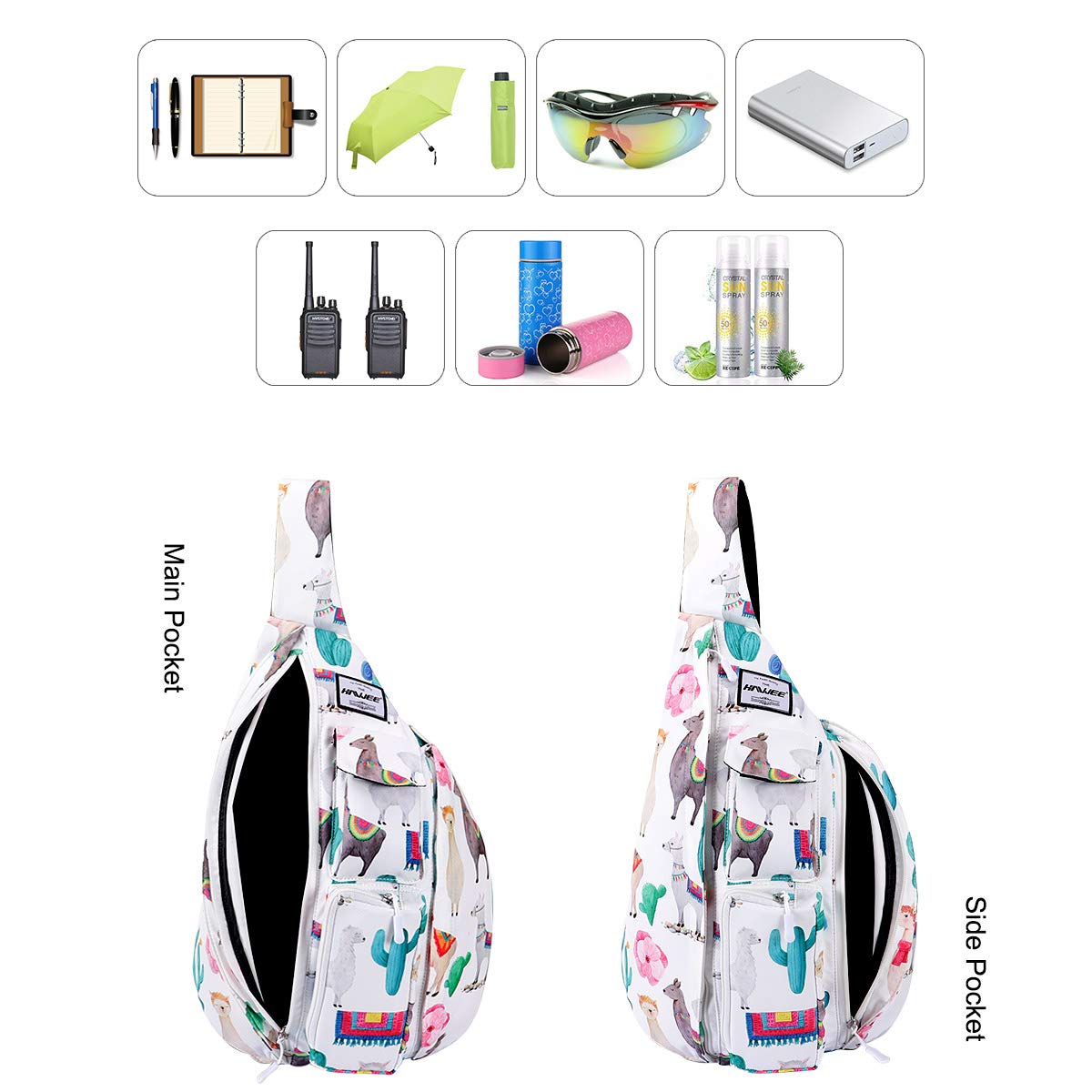 Sac de Poitrine Sport Multifonction - Sling à Bandoulière Crossbody pour Voyage, Travail, Étude, Escalade, Randonnée, Courir - pour Hommes, Femmes, Adolescents - Alpaga et Cactus, L