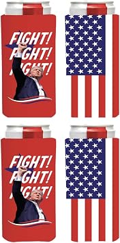 PKM - DONALD J TRUMP 2024 MAGA Fits 12oz Slim Cans TRUMP 2024 BLACK SLIM CAN COOLER Trump FFF Red Background