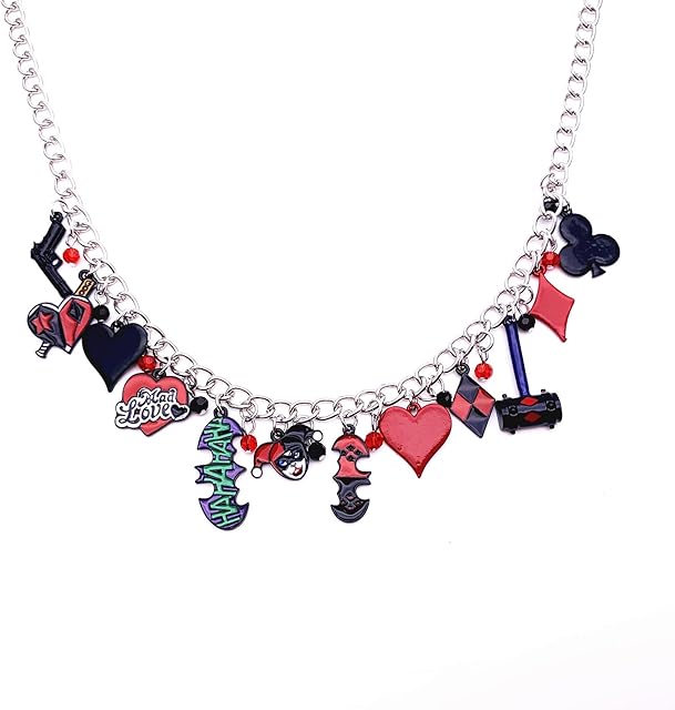  Superhero Harley Quin Clown Charm Necklace, Environmental Zinc Alloy Pendants, Anime Gifts Torque for Boys, Girls and Women