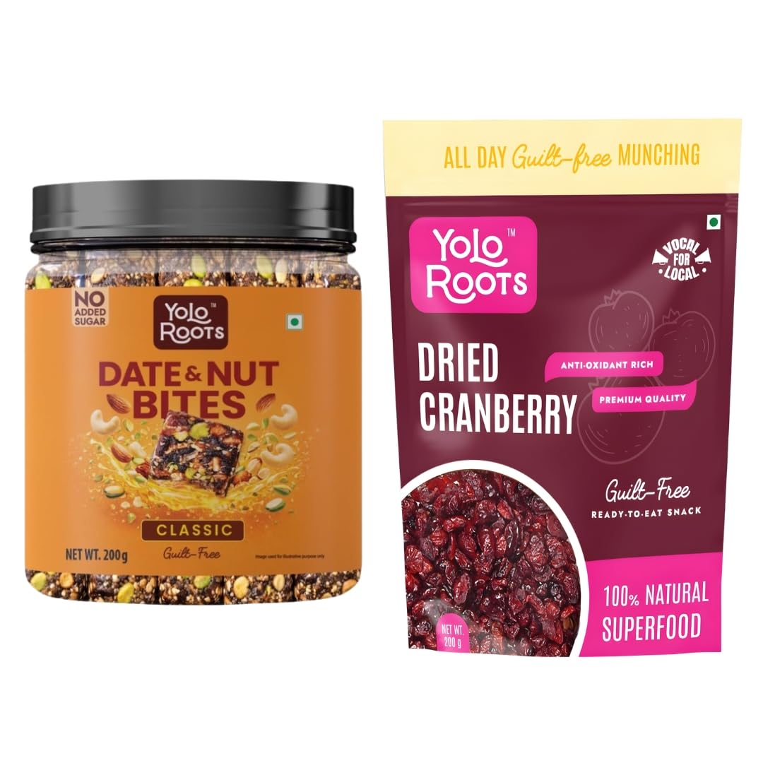 Yolo Roots Date & Nut Bites 200g (10 Pieces) & Dried Sweet Cranberries 200g Combo | Dates, Almonds, Cashews & Pista Sweet with Sliced Cranberries | Ready-to-Eat Snack Pack (Pak of 2)