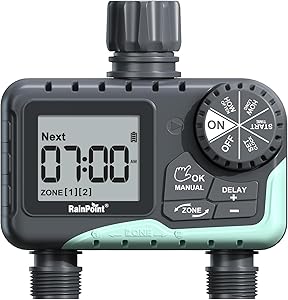 RAINPOINT ウォータータイマー ガーデンホース用 - 2ゾーンスプリンクラータイマー 雨遅延/手動水やり/自動灌漑コントローラーシステム - ウォーターホースタイマー プログラム可能な蛇口タイマー 庭芝生用