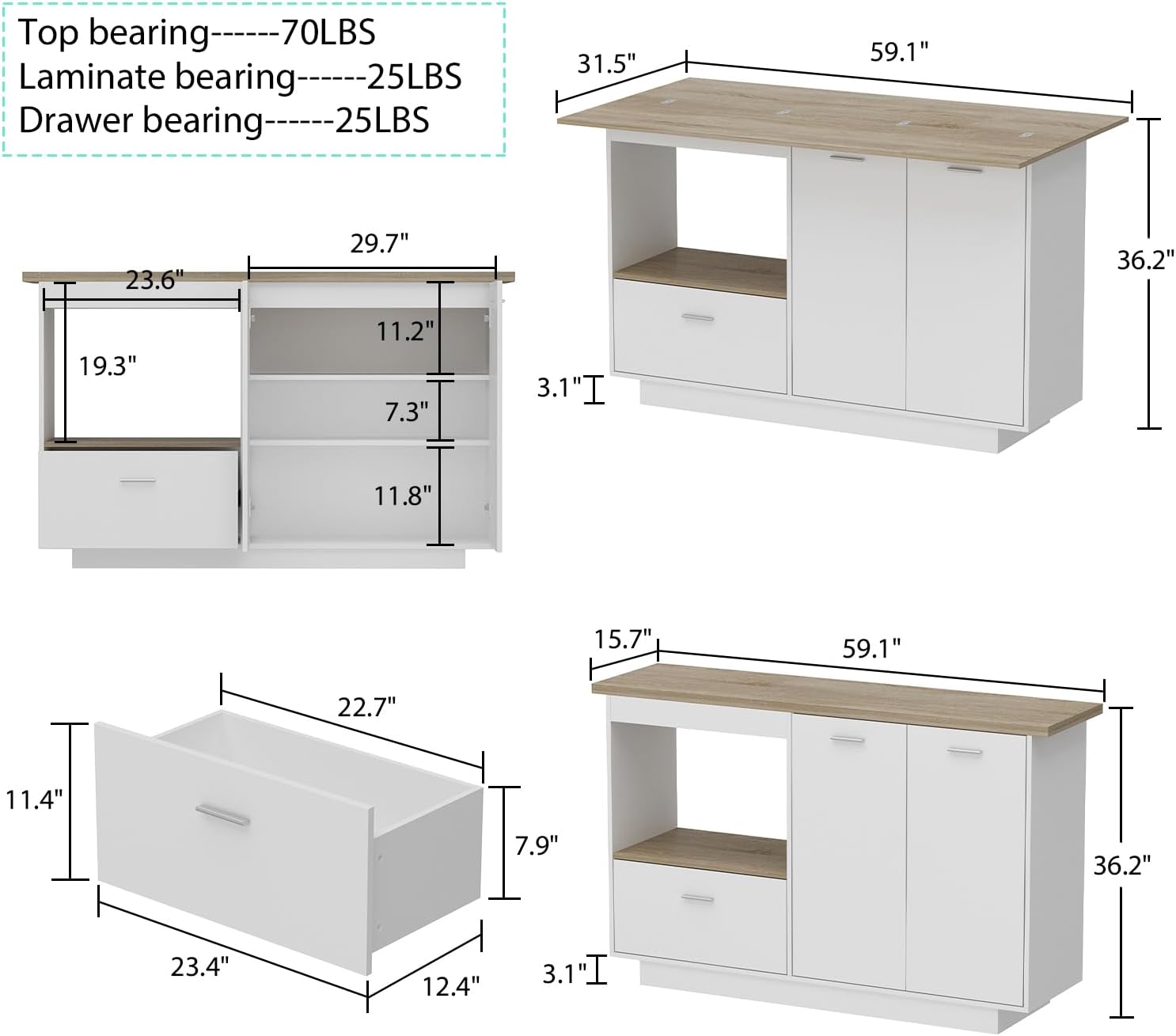 59" Extendable Kitchen Island with Drawer & Open Shelf, 15"-31" Kitchen Prep Table Stationery Storage Cabinet with Adjustable Shelves & Wood Grain Tabletop for Dining Room, White & Oak