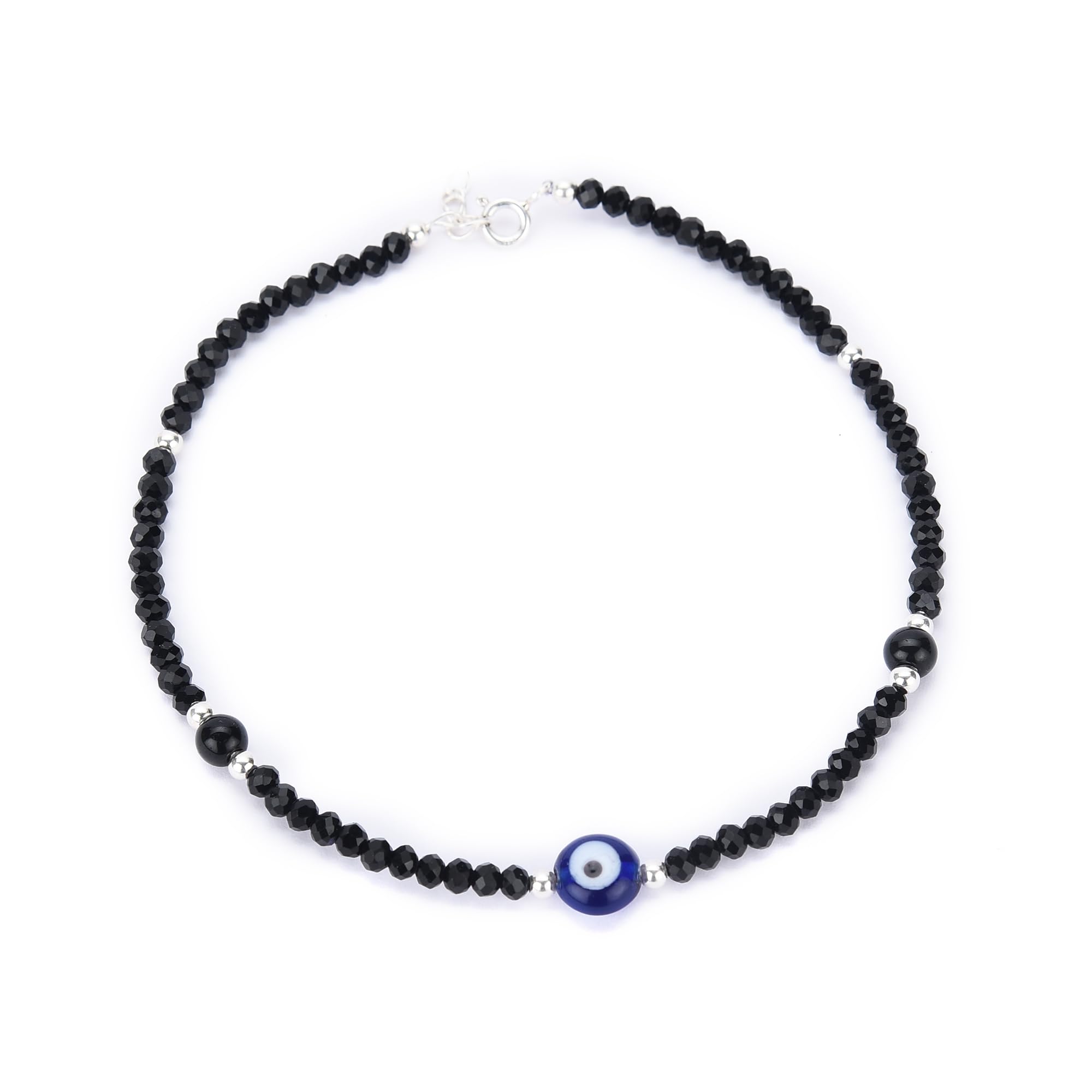 DHRUVS COLLECTION925 Silver Evil Eye Nazariya Anklet with Black & Silver Crystal Beads For Women - One Piece