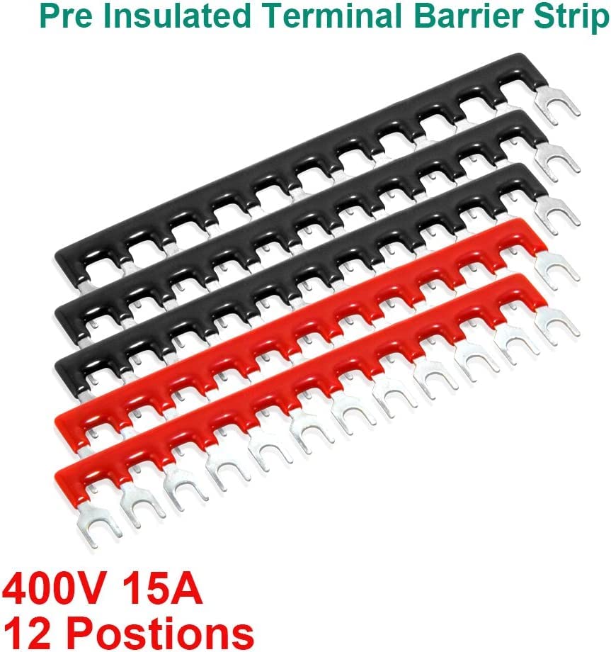 Image of (82pcs) 5 Sets Terminal Block - 5pcs 12 Position 600V 15A Dual Row Screw Terminals Strip with Cover+5pcs Pre-Insulated Barrier Jumper Strips Black & Red+72pcs Spade Fork Wire Connectors by MILAPEAK
