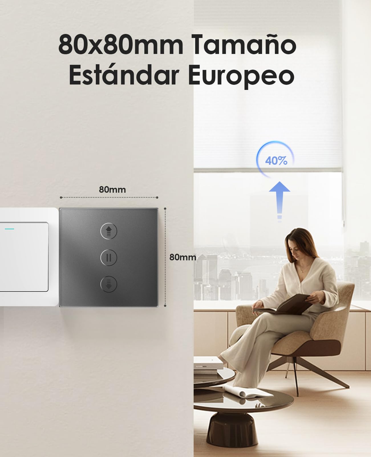 Interruptor Persiana Wifi Porcentual 80 * 80mm, Interruptor de Persiana Inteligente Control por Voz Compatible con Alexa/Google Home/Smart Life, Requiere Cable Neutro, Gris