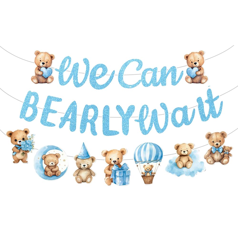 HSC Baby Shower Decorations for Boy, Baby Boy Decorations, Baby Shower Banner, Blue Bear Theme We Can BEARLY Wait Bunting for Gender Reveal Party, Newborn Decorations