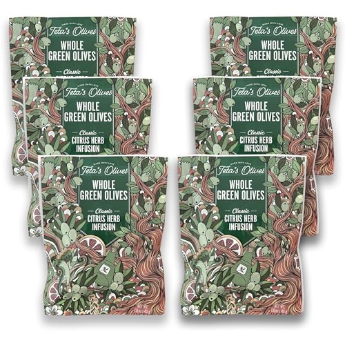 Teta's Green Olive Snacks | Citrus Herb | Fresh Single Serve Snack Packs, On-The-Go Gourmet Olives, All Natural Healthy Snacks - 1.6oz (6 Pack)