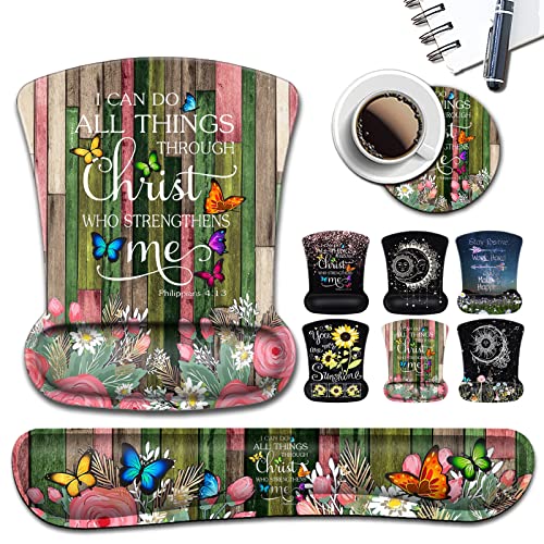 Mouse Pads for Wireless with Wrist Support,Non-Slip Rubber Base, Philippians 4-13 Butterfly Wooden Board Flower,for Home Office Gaming Working Computers, Ergonomic Memory Foam Keyboard Wrist Rest Set