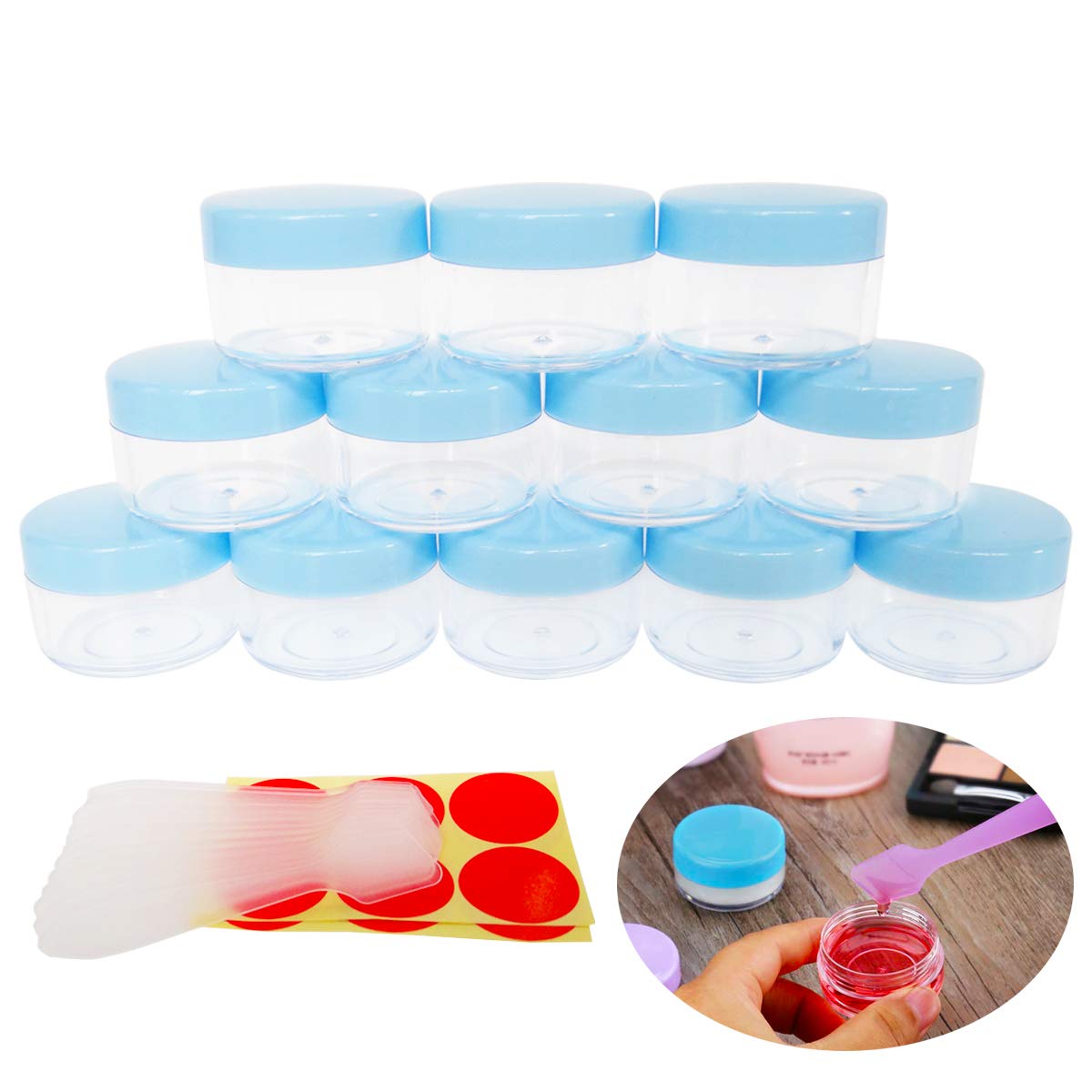 Wopanxye 12pack 15ml Makeup Sample Jars, BPA Free, Small Empty Cosmetic Container, Plastic Round Pot Blue Screw-up Cap Lid