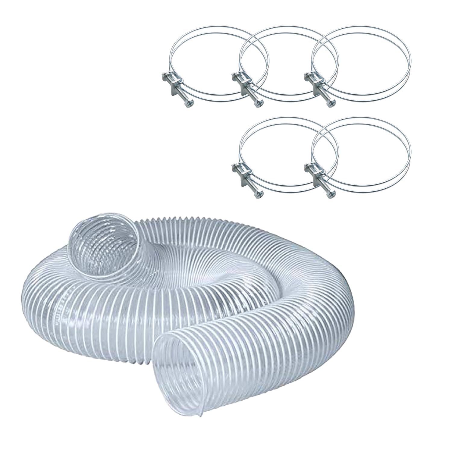 POWERTEC 5" x 10' PVC Dust Collection Hose with 5pcs Double Wire Clamps for Woodworking and Garage, Wood Shop Dust Collection System, Planer, Cyclone