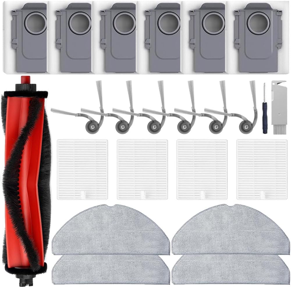 24 Pcs Replacement Parts for Roborock Qrevo S5V, Qrevo Edge S5A, Qrevo Curv, Qrevo Curv S5X, Qrevo Edge Vacuum,2 Set Brushes+6 Side Brushes+4 Mop Pads&Filters&Bags