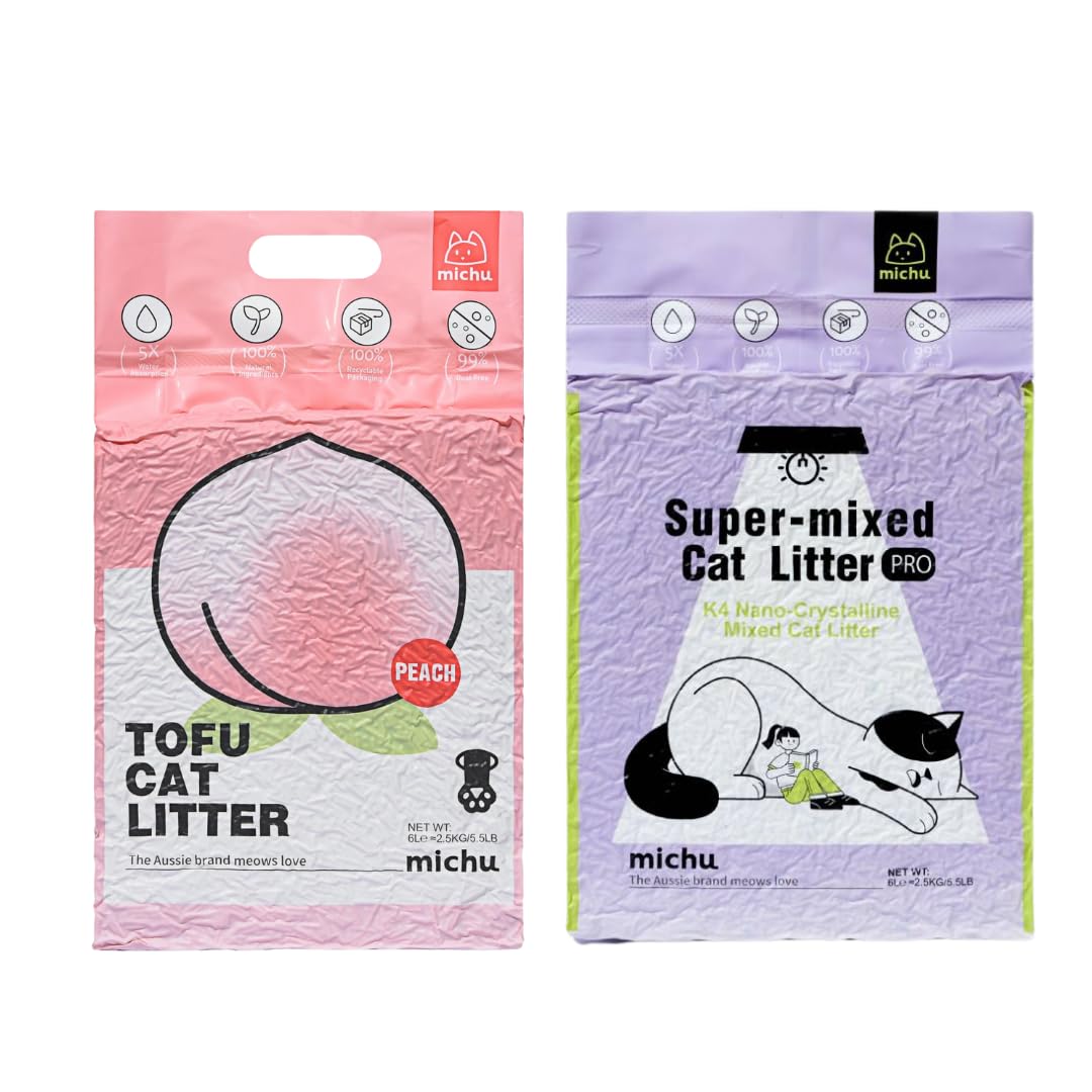 Michu Tofu Cat Litter Natural Clumping Tofu Cat Litter 5.5lb/88oz 5 Scents (Peach + Mixed, 2 Pack)