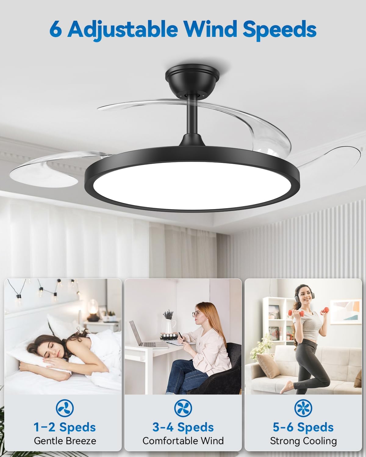 【Slim】48" Retractable Ceiling Fans with Lights, Large Fandelier Ceiling Fan with Light and Remote, Reversible, 3 CCT, Dimmable, Modern Chandelier for Bedroom, Living Room, Dining Room (Black)