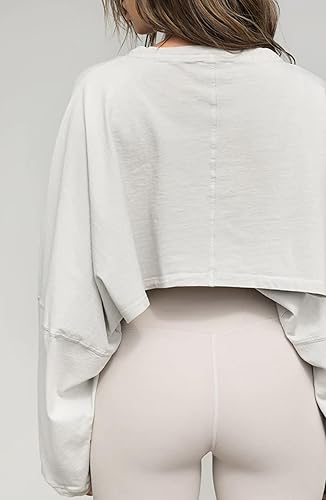 Miniatura 2 de BAIGRAM Camiseta corta de gran tamaño de manga larga para mujer, cuello redondo, hombros caídos, para entrenamiento, gimnasio, sin botones