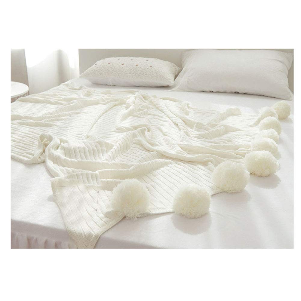 GUOCU Cable Knit Throw Blanket with Pompoms Fringe Knitted Throw Blanket on Chair Sofa and Bed for Bedding and Napping White 100 * 150cm