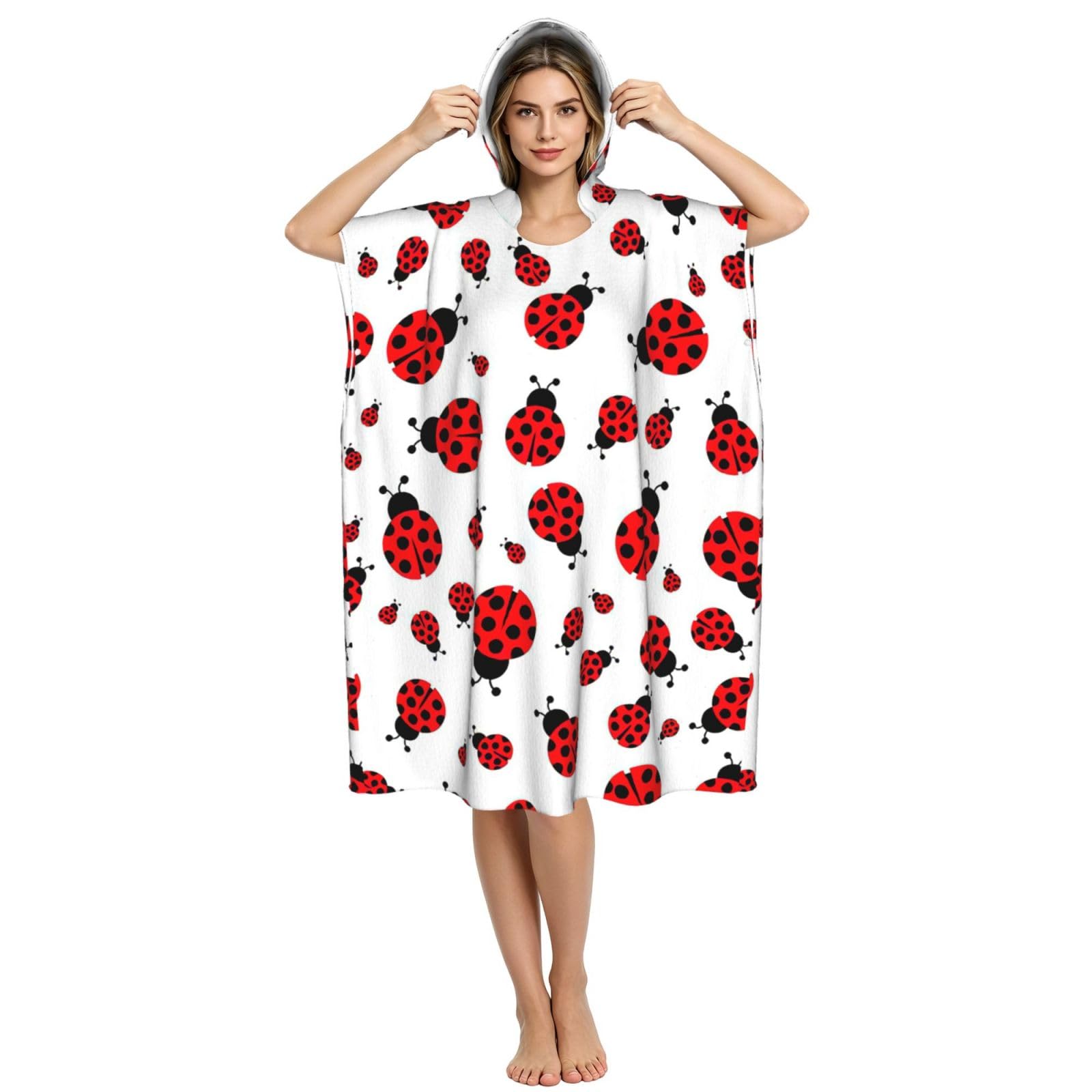 Yyoretp Ladybug Print Surf Poncho Changing Towel Swim Robe Hoodie Quick Dry Terry Cloth Swimming Cover Up
