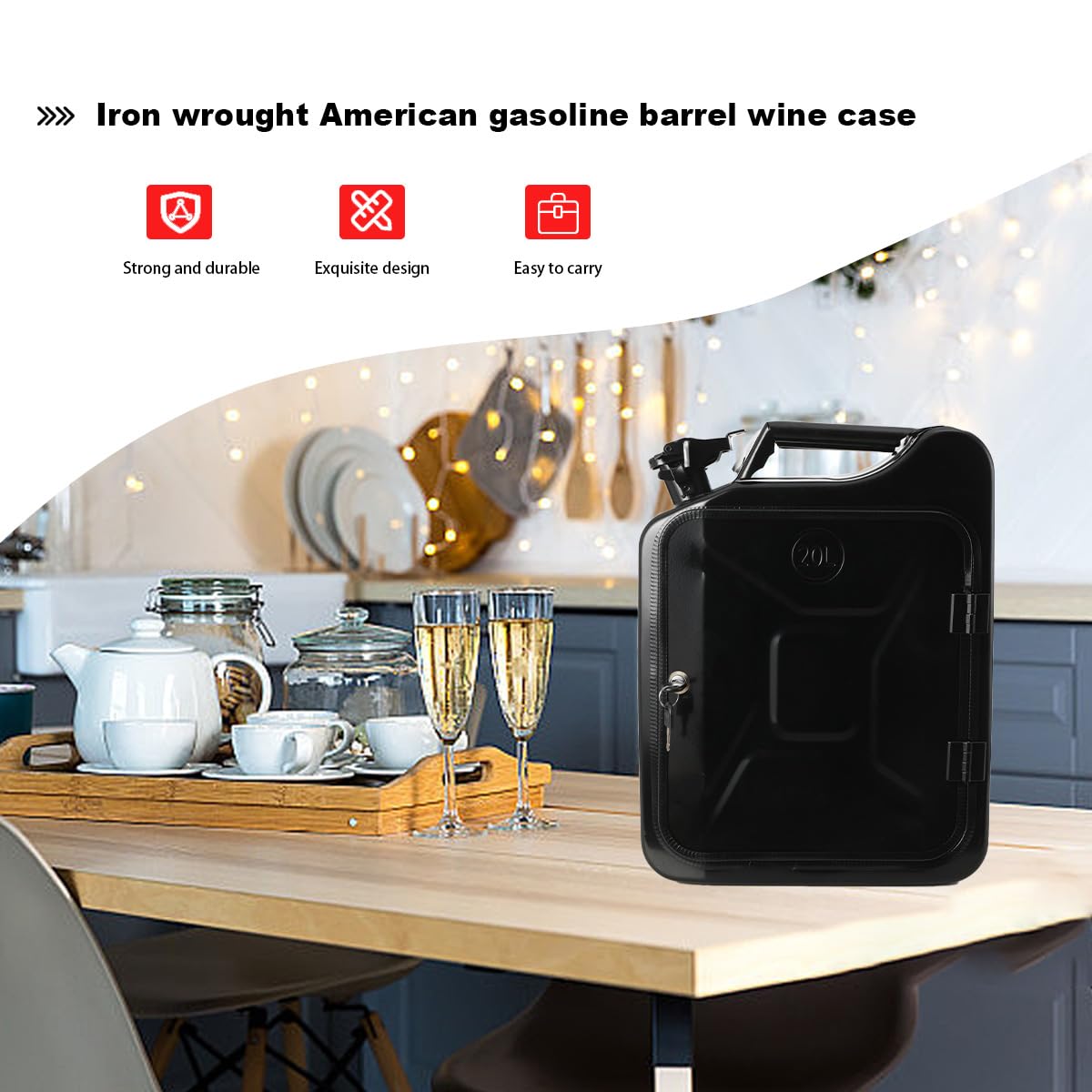 20L Kanister Mini Bar, Schwarzer Whiskey Bar Schrank Jerry Can Mobile Bar, Geburtstagsgeschenk für Männer personalisierte Geschenke für Männer, Abschließbarer Minibar, 34x16x46 cm