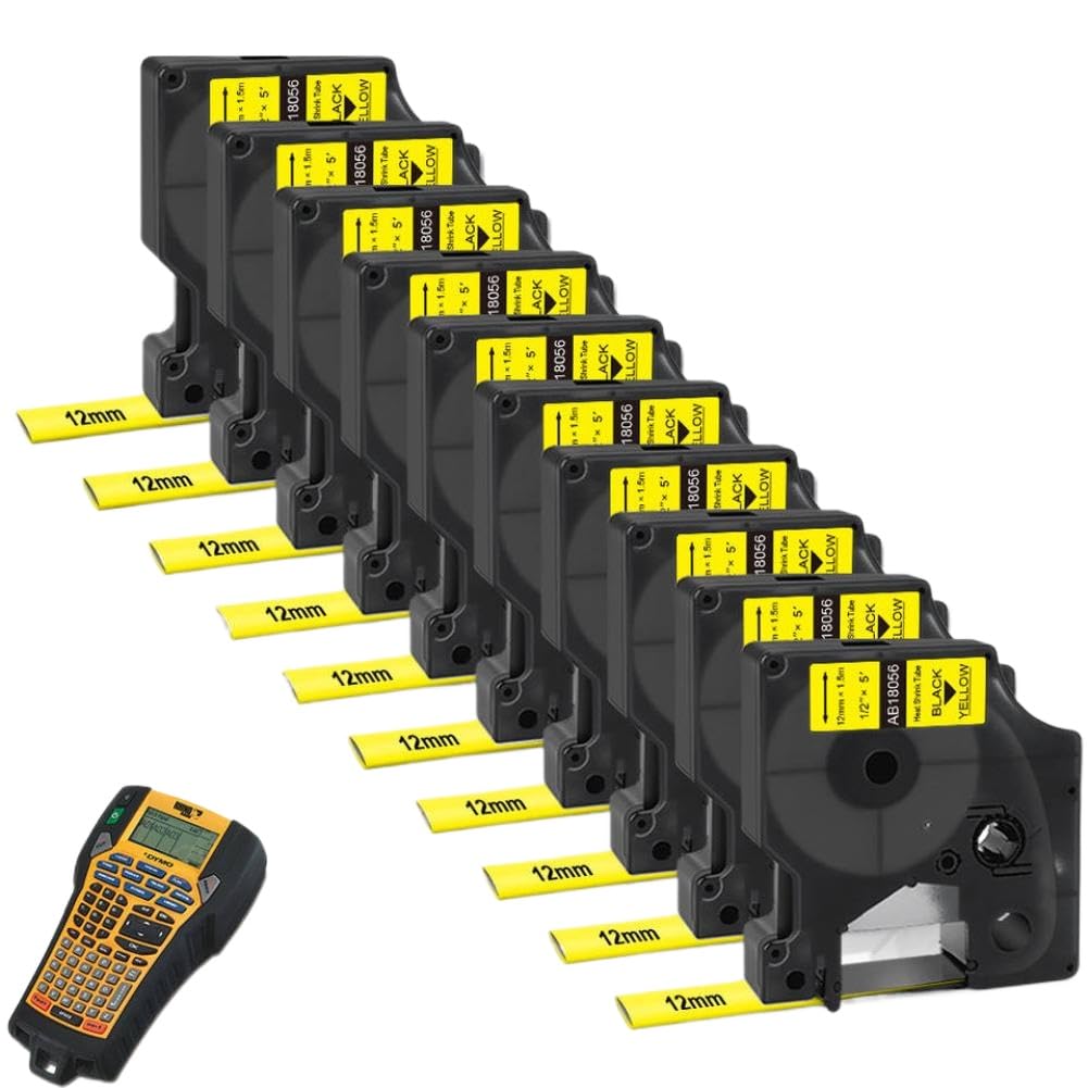 Nastro per etichette termoretraibile compatibile con 1000 3000 4200 5000 5200 6000 etichettatrici 10 pezzi 18056 12 mm nero su giallo(Black on Yellow)