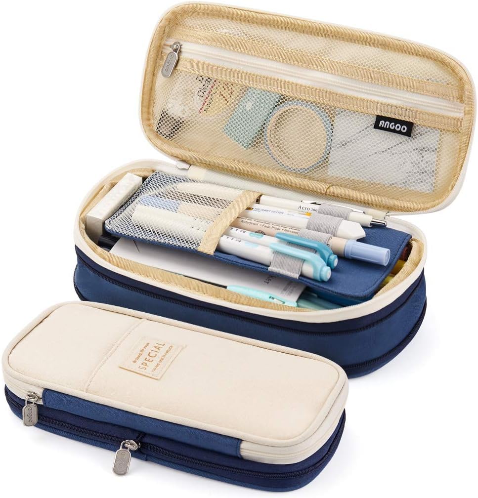 Canvas Big Capacity Pencil Pen Case Office College School Large Storage High Capacity Bag Pouch Holder Box Organizer (Blue)