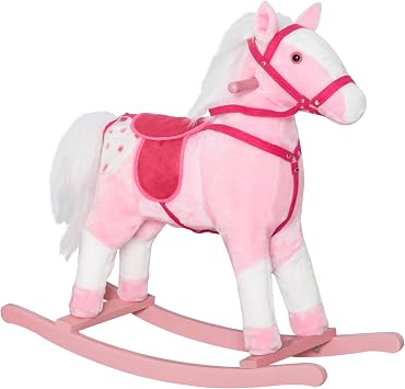 Qaba Kids Rocking Horse Plush Ride On Toy with Realistic Sounds, Pink
