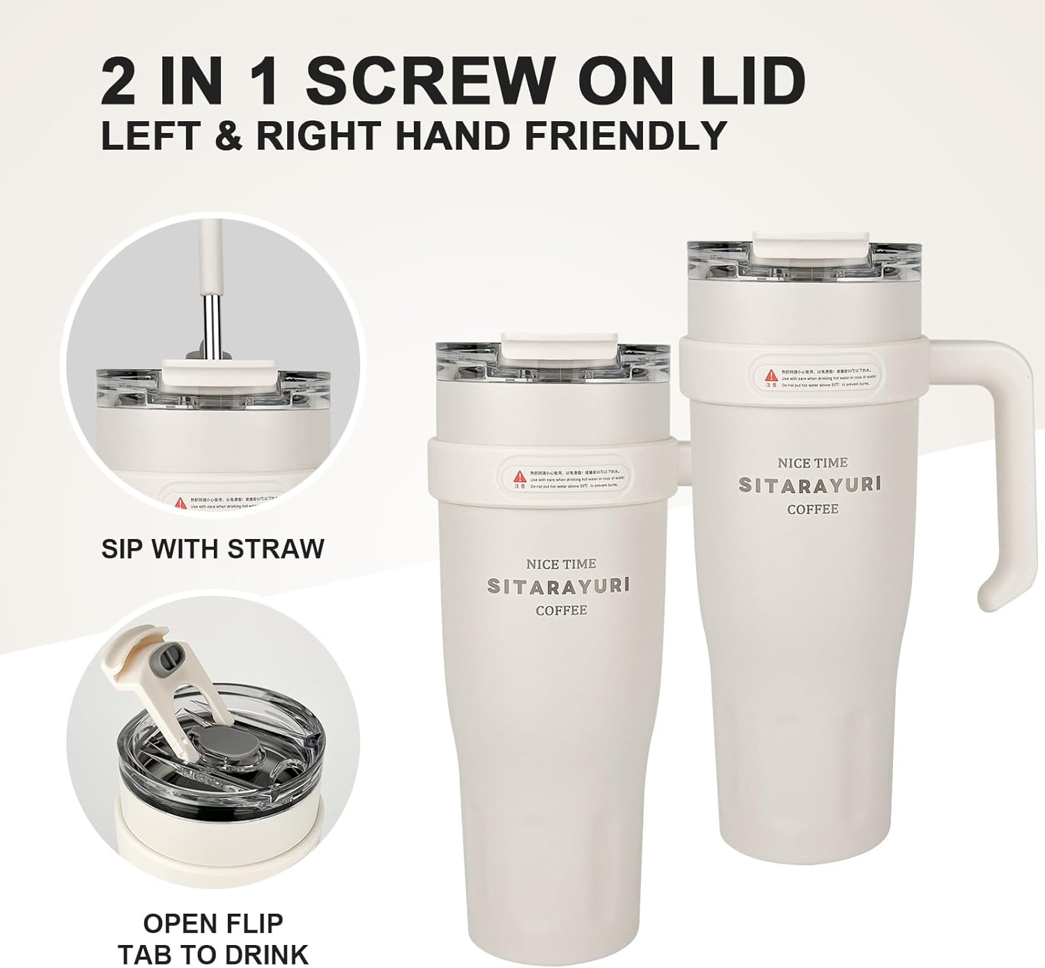 40 oz Tumbler with Handle, 2-in-1 Straw and Sip Lid, Leakproof, Dishwasher Safe, Insulated Stainless Steel Travel Coffee Mug, Keeps Cold for 34 Hours, Fits in Car Cup Holder (White) - Image 2