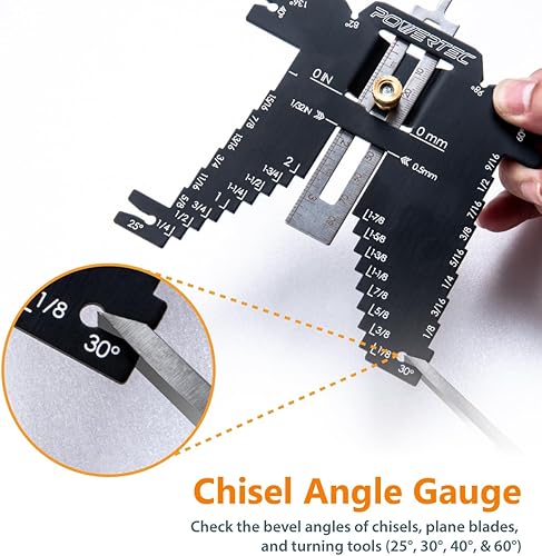 Miniatura 4 de POWERTEC Medidor de profundidad universal 5 en 1 para medir ángulos de cincel, puntos de perforación y ajuste de broca, alturas de hoja de sierra