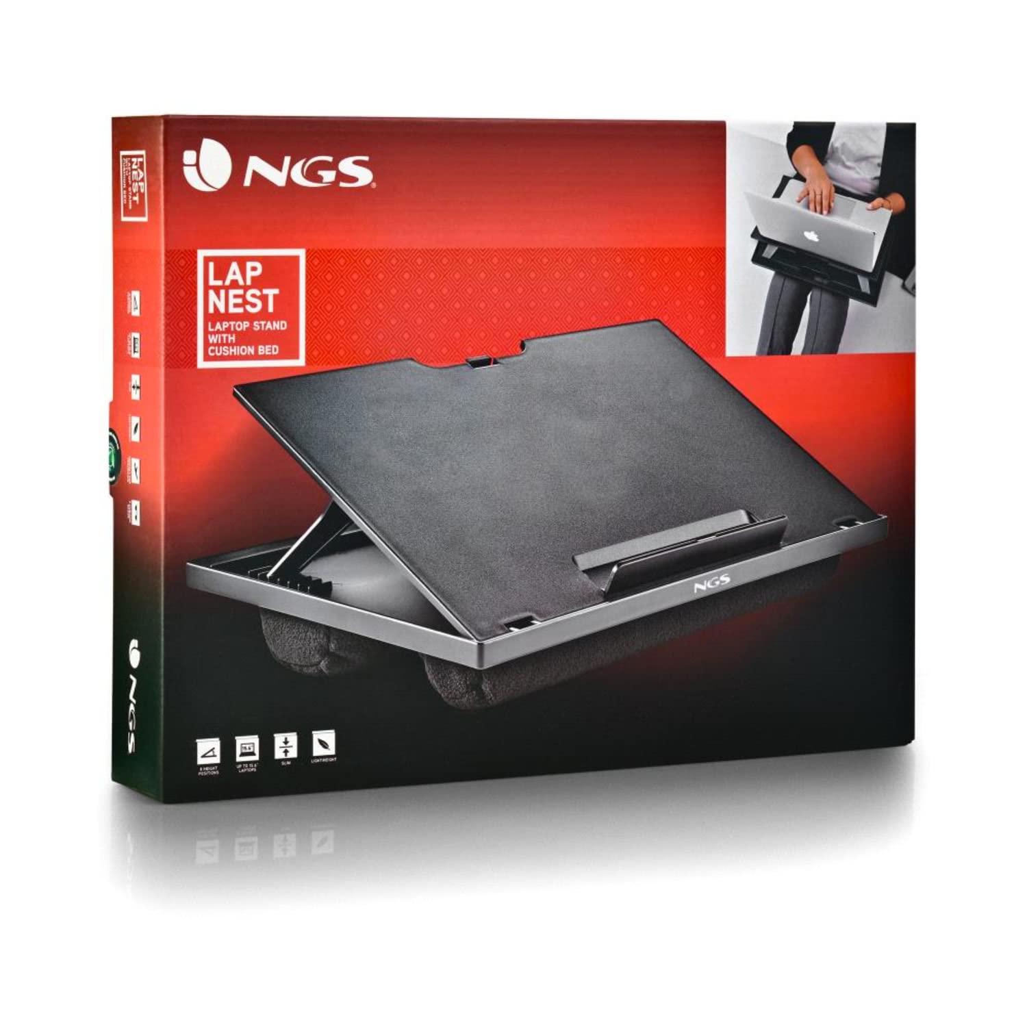 NGS LAPNEST - Supporto multifunzionale ed ergonomico per laptop fino a 15,6" con base imbottita, regolabile con 8 livelli di altezza