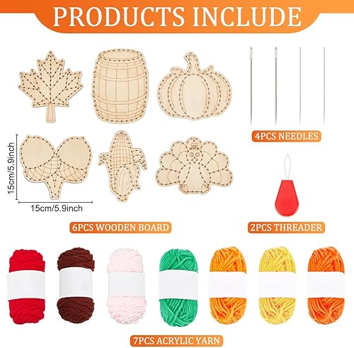 Miniatura 3 de FREEBLOSS Juego de 6 kits de roscado de madera para Acción de Gracias, kit de costura de madera, kit de punto de cruz, tablero de coser para