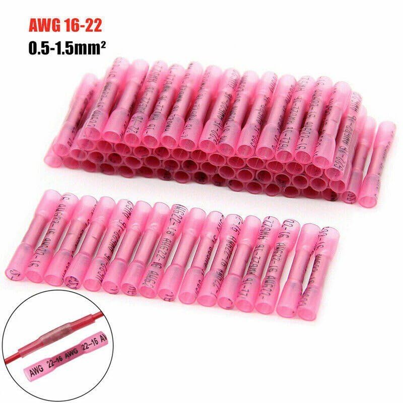 100 Pcs of Heat Shrink Crimp Terminal Kit Splice Butt Electrical Wire Connectors Red