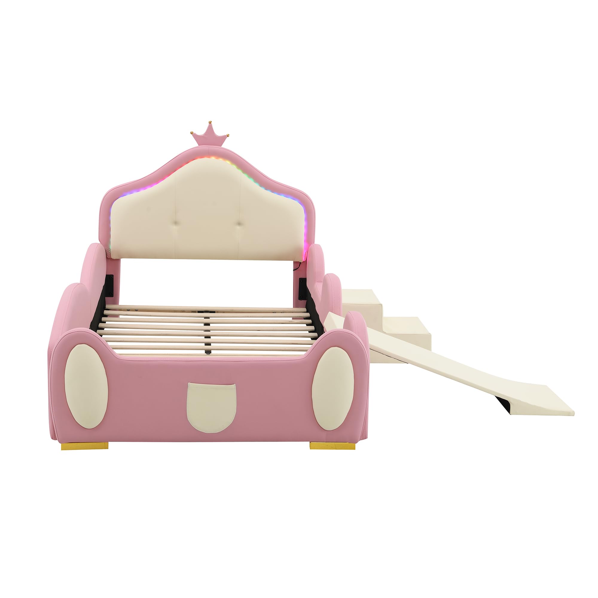 Kinderbett Polsterbett 90x200, Einzelbett Cartoon Bett mit LED Crown Kopfteil&kleiner Rutsche&Treppe, Jugendbett Mädchenbett Bettgestell mit Lattenrost&Rausfallschutz, PU, Ohne Matratze, Rosa+Beige