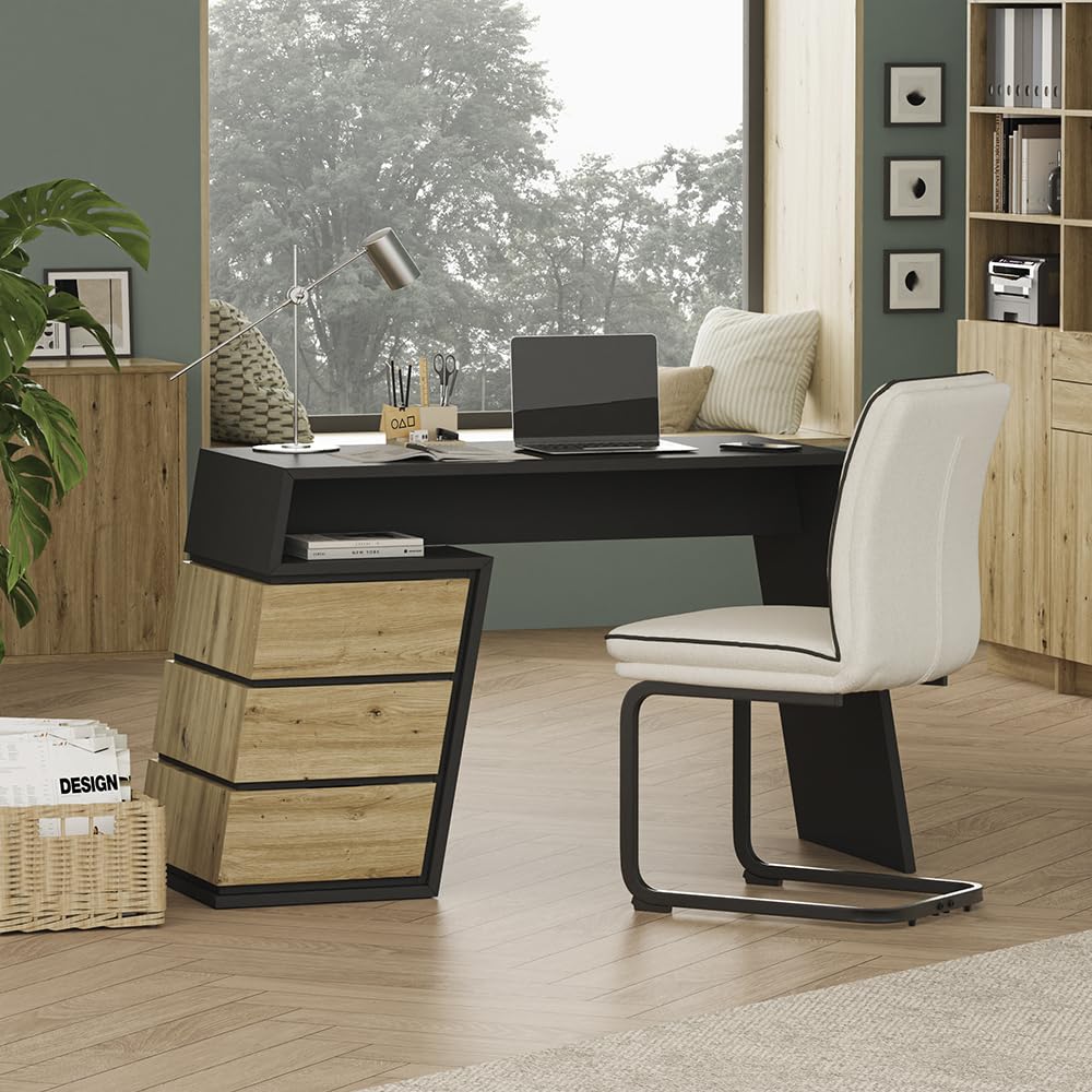 Vicco Bureau Okaro, Anthracite/chêne, 105x50cm avec 3 tiroirs, Convient comme Espace de Travail pour Le Bureau à Domicile ou la Chambre d’ado