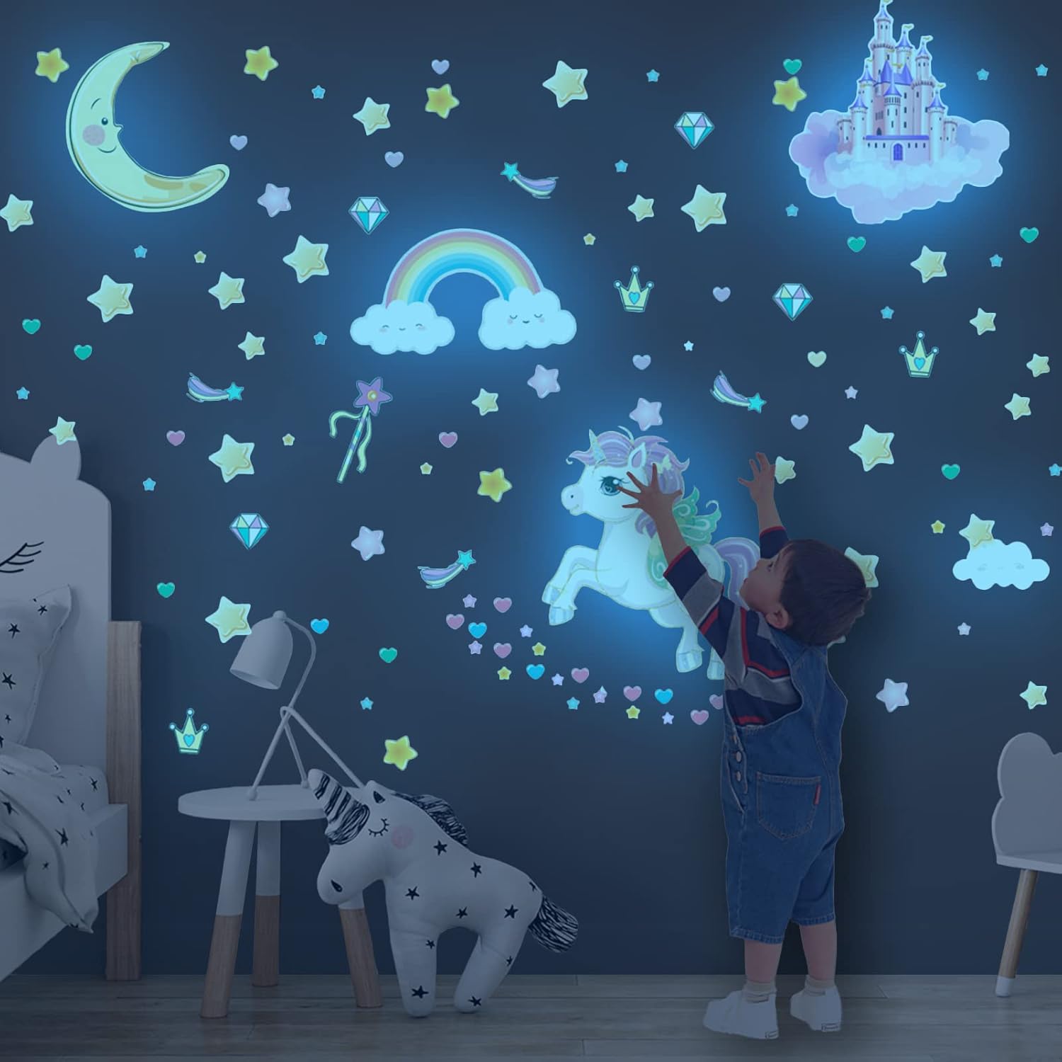 Glow in The Dark Unicorn Wall Stickers Decals, Removable Dots Stars Decals for Ceiling, Luminous Rainbow Wall Decal for Nursery, Room Decor Boys Girls Bedroom Playroom