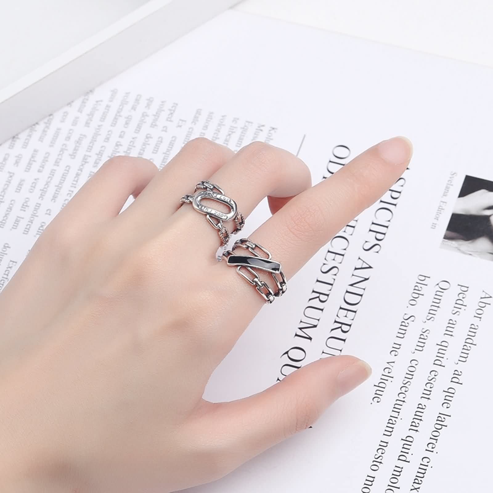 Anelli in argento sterling, anelli regolabili per donna con catena epossidica alla moda per lei, Adjustable, Nessuna pietra preziosa