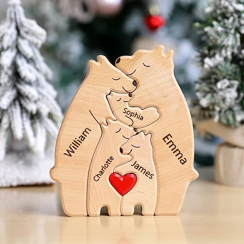 Rompecabezas de oso de madera personalizado con nombre de familia de 1 a 8, escultura de nombre de familia, ideal para Navidad, cumpleaños,