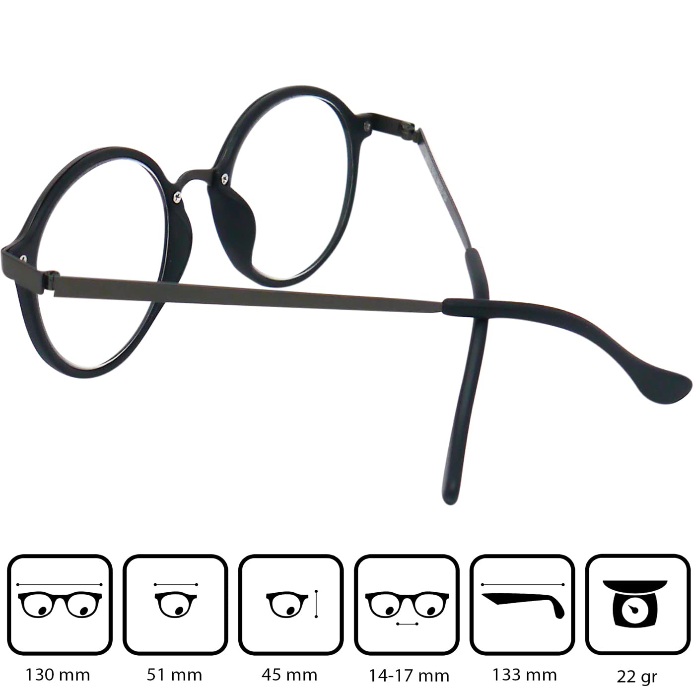 Mini Brille, Round Blue Light Blocking Reading Glasses with Large Lenses, FREE Case, Plastic Frame (Black) and Metal Temples - Image 4