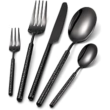 20-Piece Silverware Set, Stainless Steel Flatware Set for 4, Modern Hammered Utensil Tableware Set Include Dinner Knife/Fork/Spoon, Mirror Finish, Dishwasher Safe 10, black