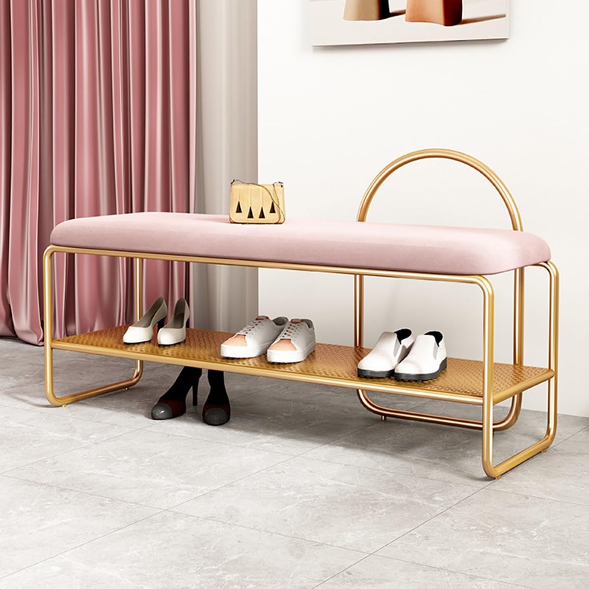 Banco de zapatos de metal con asiento de terciopelo y 2 niveles moderno