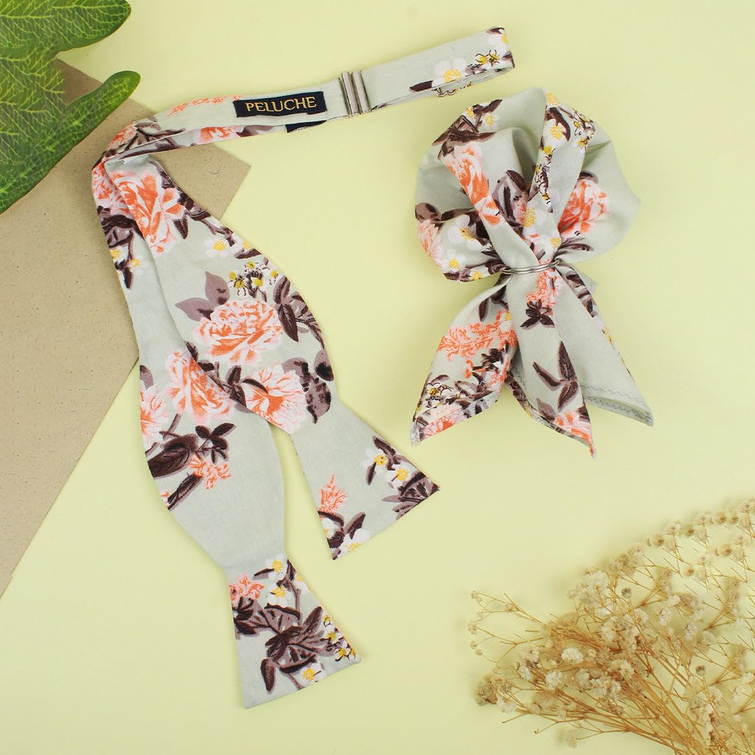 PELUCHE Covert Enlarged Floral Olive Open Bow Tie & Pocket Square Set for Men - Image 2 thumbnail